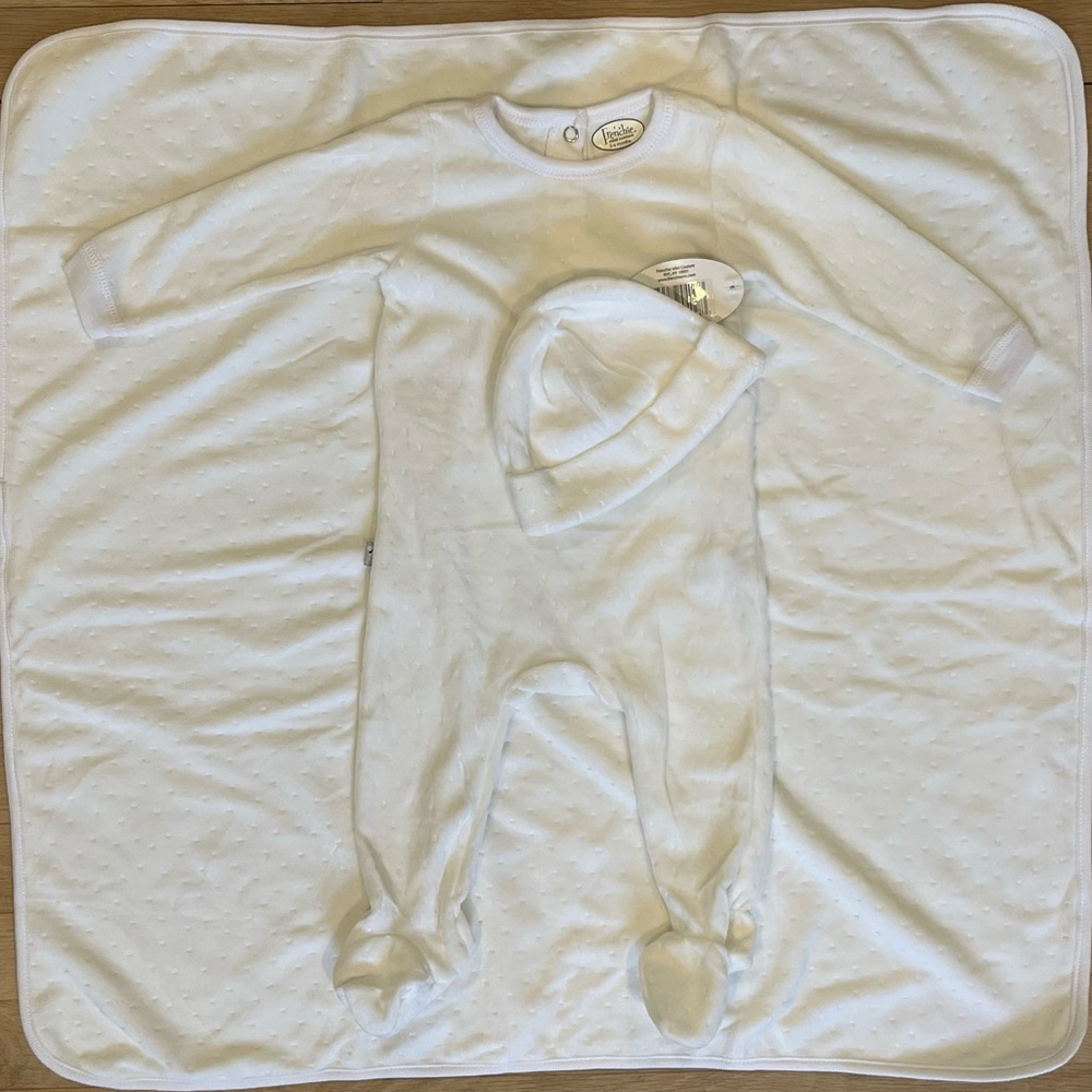 Frenchie Mini Couture Layette Set with Footie, hat, and blanket
